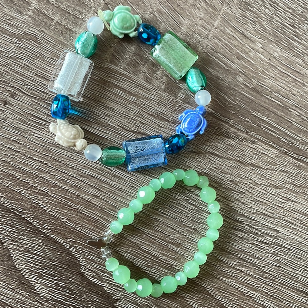 Sea Turtle Glass Bead Bracelet and Faceted Glass Bead with mini Cross Bracelet
